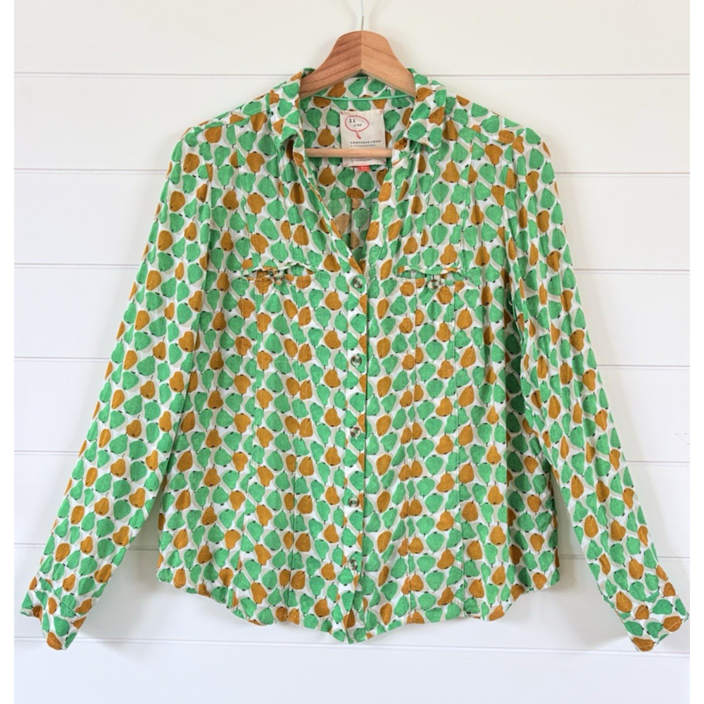 Anthropologie Conversations Novelty Pear Print Button Up Blouse Green Size 0